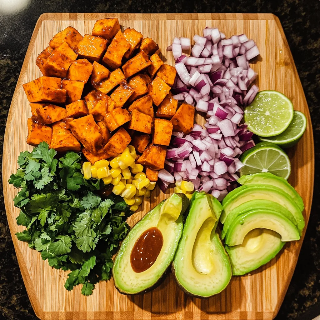 Raw ingredients for BBQ chicken sweet potato bowl