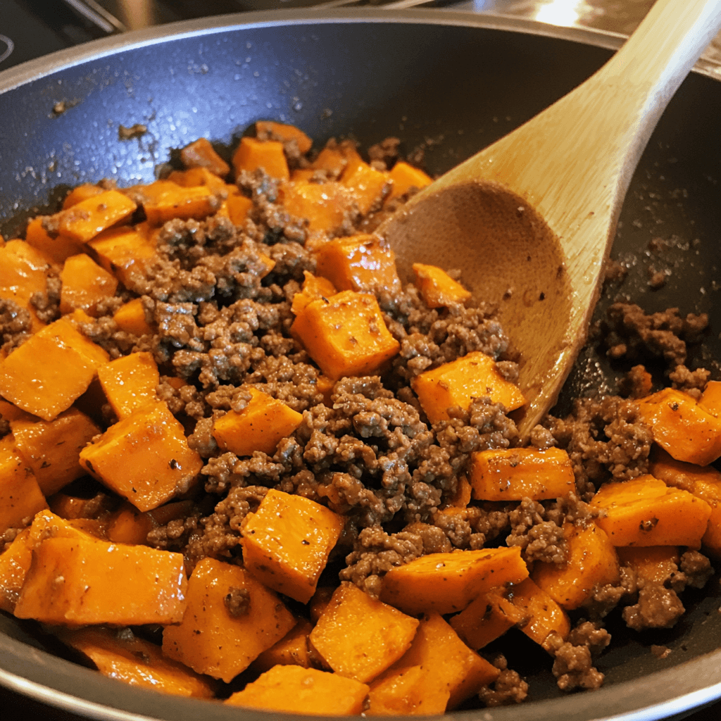 Ground beef and vegetables in pan