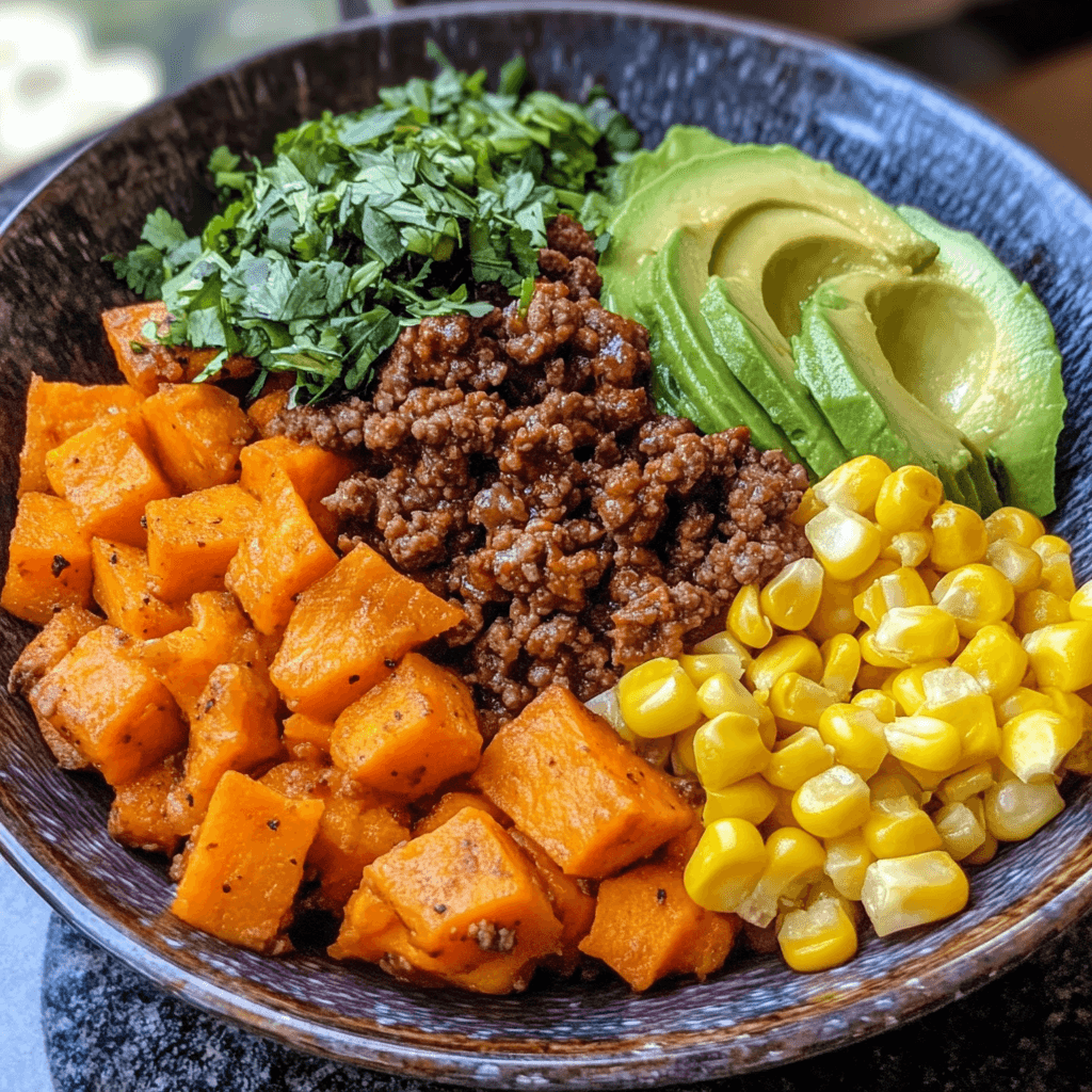 finished ground beef sweet potato bowl with avocado garnish