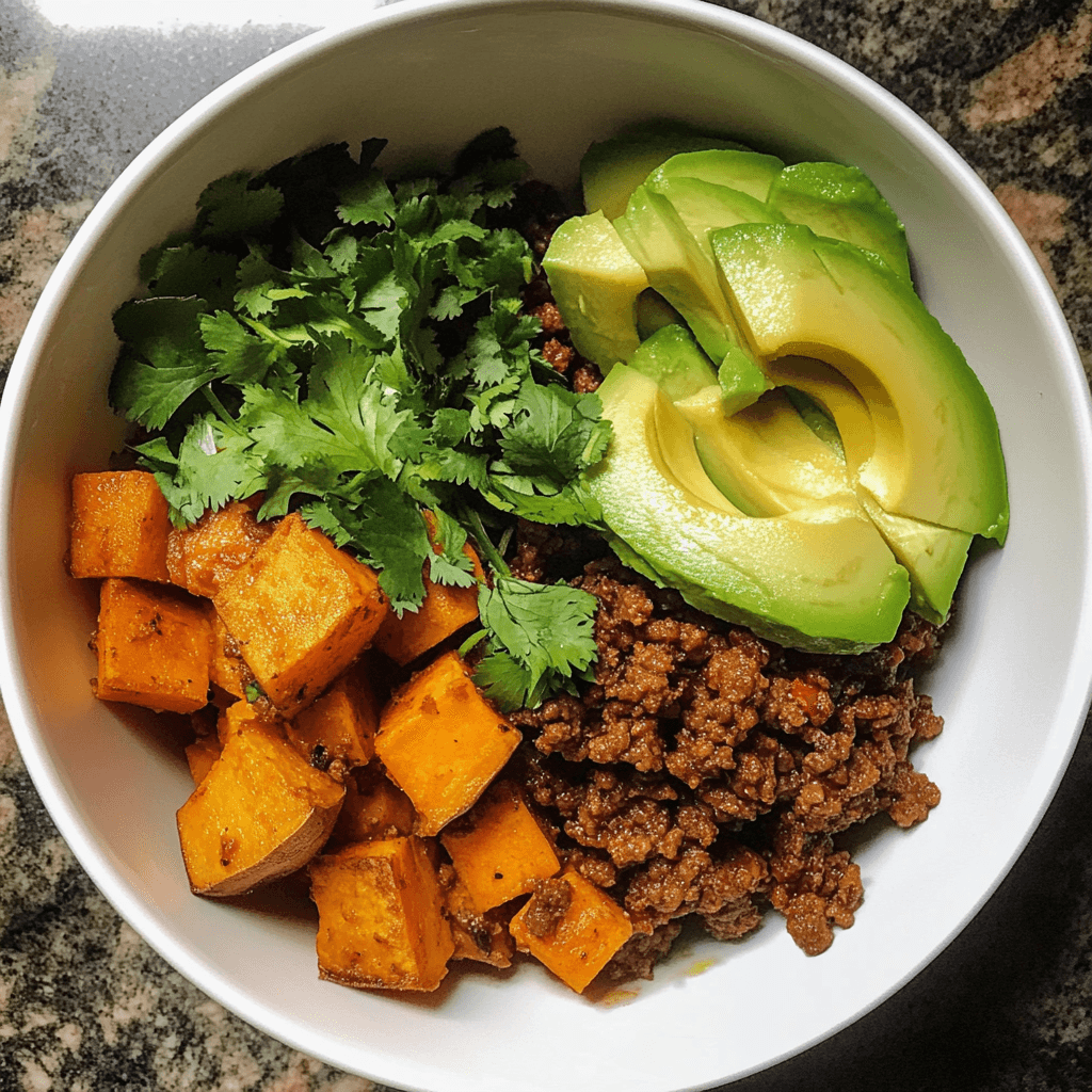 Served ground beef sweet potato bowl