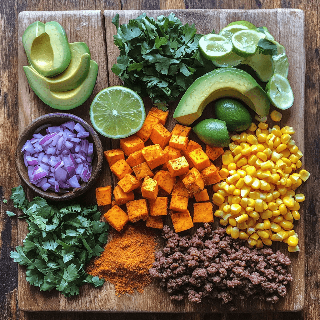 Ingredients for ground beef sweet potato bowl