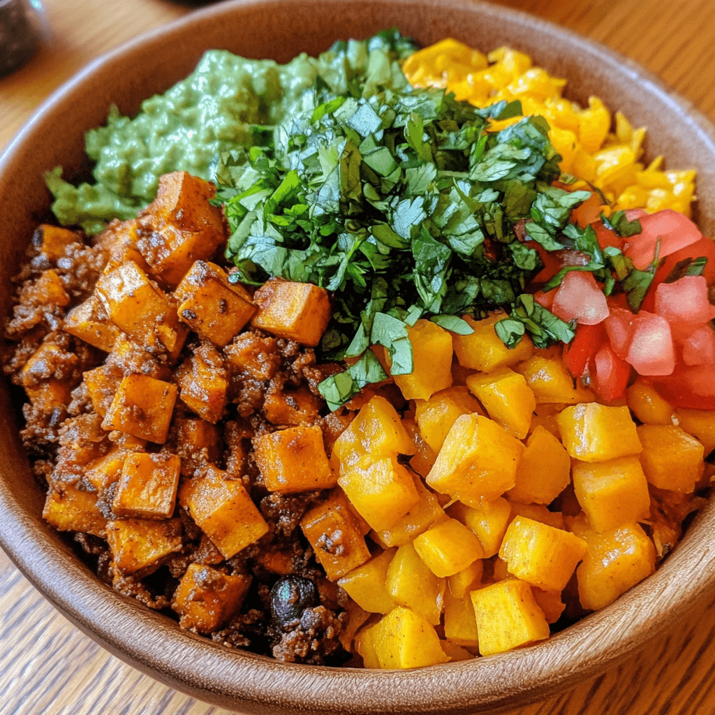Taco meat in skillet for sweet potato bowl
