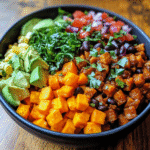 Taco sweet potato bowl with colorful toppings