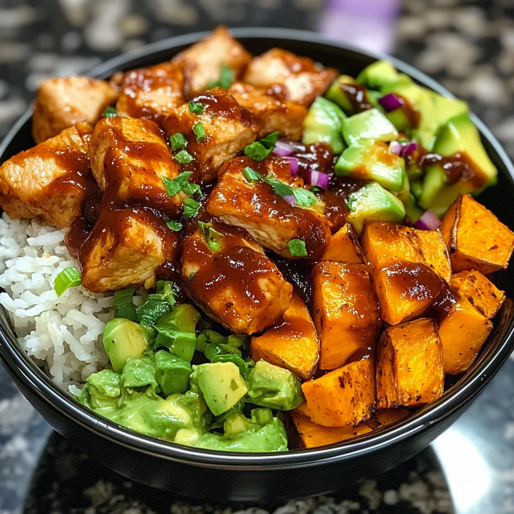 Overhead shot of a BBQ chicken sweet potato bowl with avocado, corn, and black beans.
