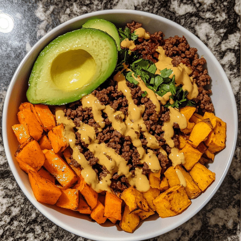 Ground beef and sweet potato skillet showing perfectly browned beef and roasted sweet potatoes in a rustic pan